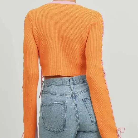 ButterMelon Pink and Orange Lace Up Sweater Size Small Ribbed Crop Top Fashion - Picture 8 of 12